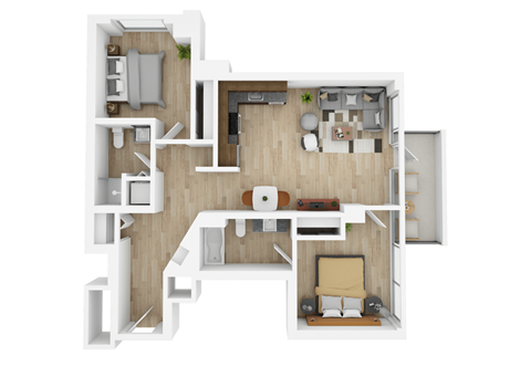 Floor plan for 2 beds, 2 baths, 935 sqft